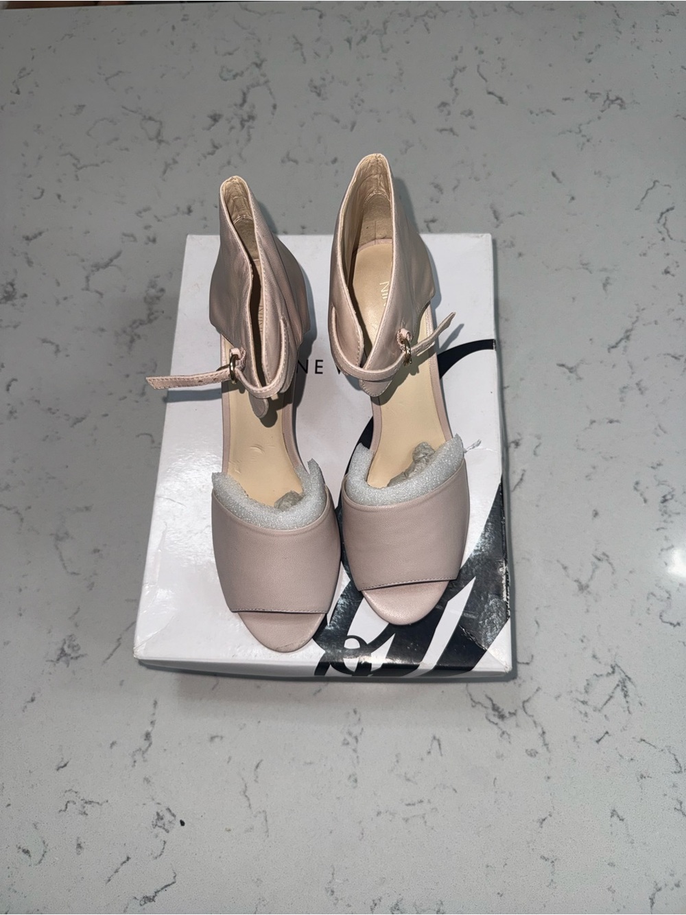 Nine West Blush Pink Ankle-Strap Open-Toe Heels in Box